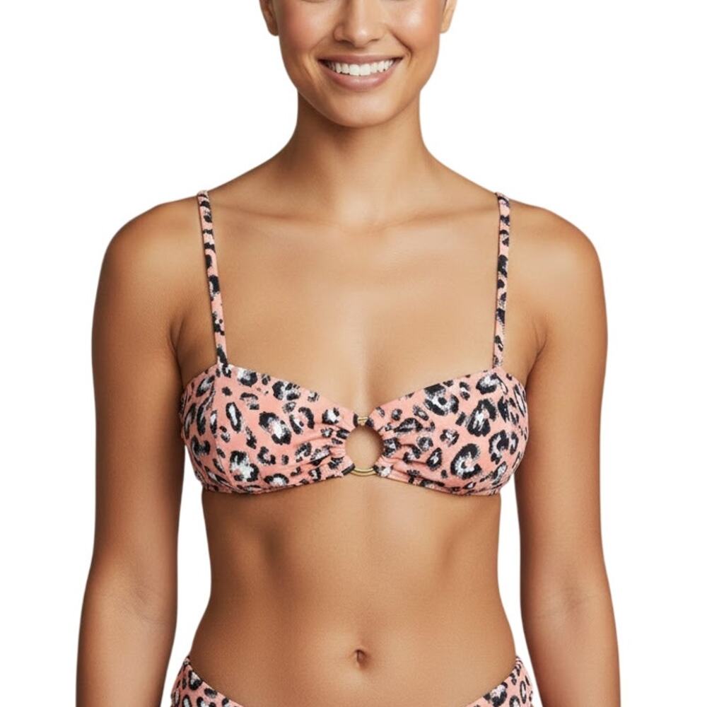 Suboo Cora Ring Front Bralette Bikini Top Coral Leopard Size XXS NWT